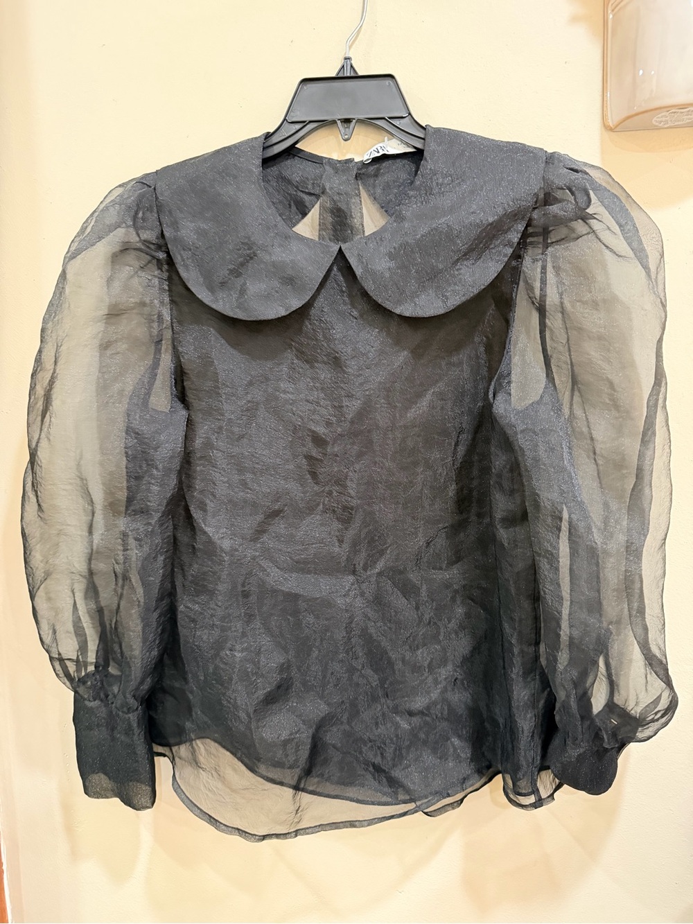 Zara Black Sheer Puff Sleeve Blouse with Peter Pan Collar